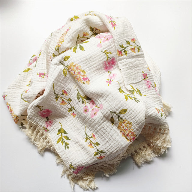 Bamboo + Cotton Muslin Swaddle Blanket with Fringe