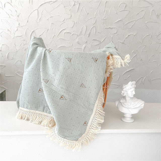 Bamboo and Cotton Muslin Baby Swaddle Blanket.  Pale blue with randomly scattered woodland themed teepees.  This blanket is completed with a warm white fringed edging.  Available in 2 sizes 47"X40" or 31"X25".