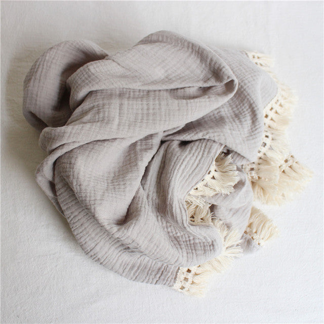 Bamboo and Cotton Muslin Baby Swaddle Blanket.  Light gray with creamy fringed edging.  2 sizes available  47"X40" or 31"X25".