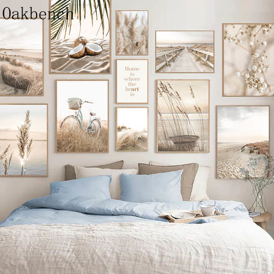 Beach Prints on Canvas Wall Art.  High quality, premium inks used for this curated collection of beach and ocean views.  pIcture shows a gallery wall complete with 11 designs of serene beach views in subtle colors and hues.  Many sizes available.