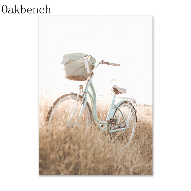 Beach Prints on Canvas Wall Art.  Premium, quality inks used for this canvas wall art depicting a very light blue bicycle, complete with a basket sitting in tall beach grass.