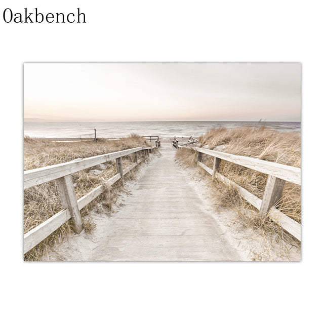 Beach Prints on Canvas Wall Art.  Premium, high quality inks used for this canvas wall art depicting a long pier, surrounded by beach grasses leading to the ocean shoreline.