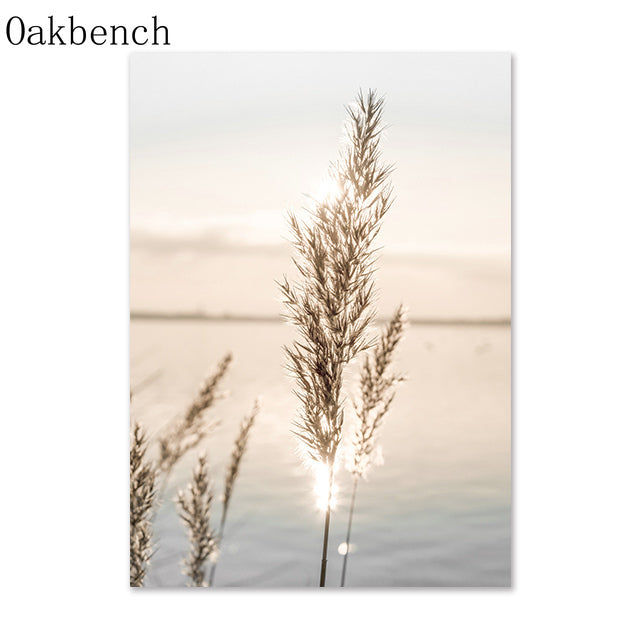 Beach Prints on Canvas Wall Art.  High quality premium inks used for this canvas wall art.  This design is of beach grass standing in the light of the sun with a slightly blurred ocean scene as the background.