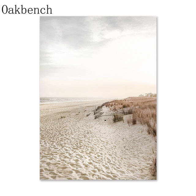 Beach Prints on Canvas Wall Art.  High quality, premium inks used for this serene print depicting a large sandy beach with the ocean water rolling into the shore line and ocean grass on a hillside.