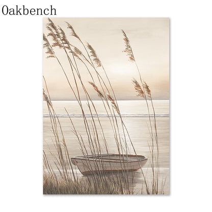 Beach Prints on Canvas Wall Art.  Premium, quality inks used for this design of a small fishing boat on the ocean shore with ocean grass in the foreground.